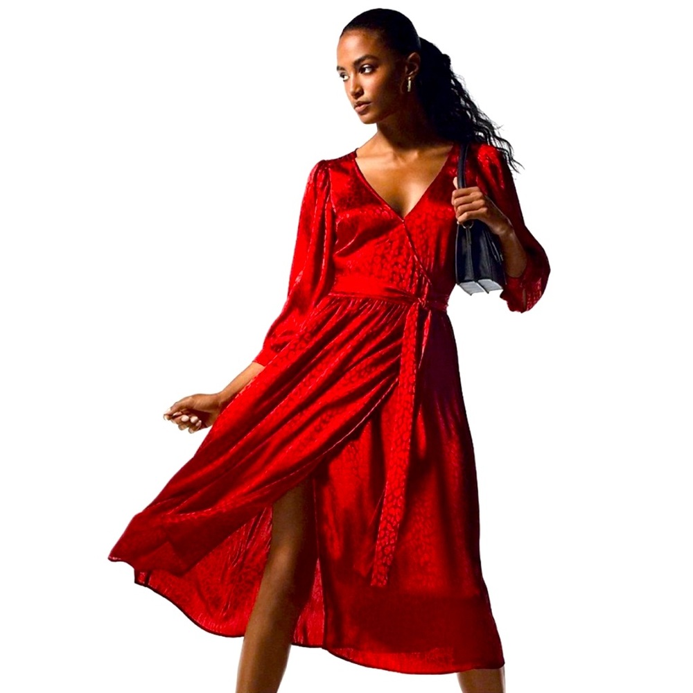 Michael Kors Red Cheetah Jacquard Midi Wrap Dress with 3/4 Sleeves NWT size 3X